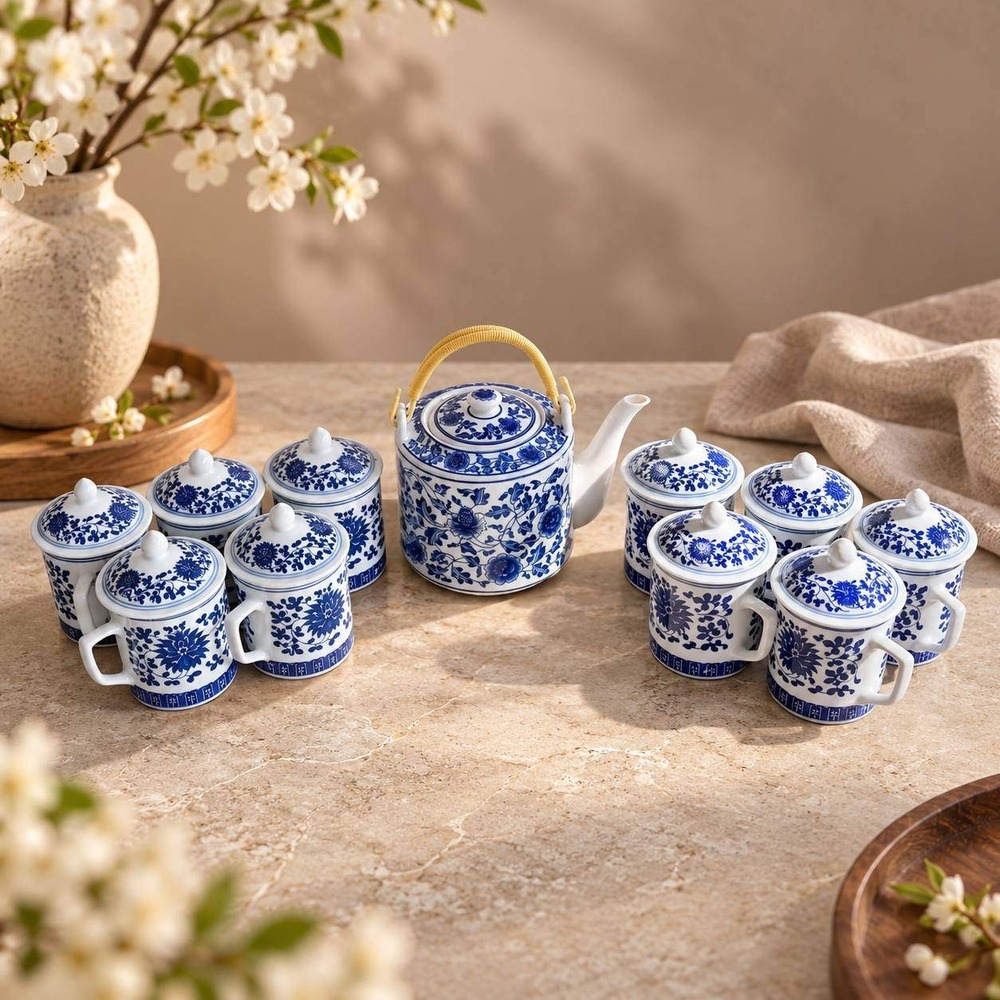 Jingdezhen Zhi Blue and White Porcelain Tea Set Teapot 8 Mugs with Lids 17pc